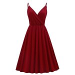 Robe femme ete  bretelle col v sans manches mi - longue motif imprim - couleur unie avec poches - bordeaux ...