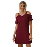 Robe femmerobe �t� �paules d�nud�es manche courte col vcasual robe courte avec bretelles femme - rouge ...