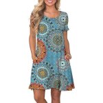 Robe femme ete manches courte imprimé casual robe mi - longue col rond avec poches - bleu Robe femme ete manches courte imprimé casual robe mi - longue col rond avec poches - bleu