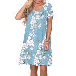 Robe femme ete manches courte imprim casual robe mi - longue col rond avec poches - bleu clair