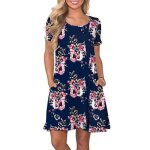 Robe femme ete manches courte imprimé casual robe mi - longue col rond avec poches - bleu marine Robe femme ete manches courte imprimé casual robe mi - longue col rond avec poches - bleu marine