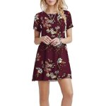 Robe femme ete manches courte imprim� casual robe mi - longue col rond avec poches - bordeaux