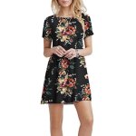 Robe femme ete manches courte imprimé casual robe mi - longue col rond avec poches - noir Robe femme ete manches courte imprimé casual robe mi - longue col rond avec poches - noir