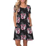 Robe femme ete manches courte imprimé casual robe mi - longue col rond avec poches - noir rose Robe femme ete manches courte imprimé casual robe mi - longue col rond avec poches - noir rose