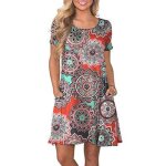 Robe femme ete manches courte imprim casual robe mi - longue col rond avec poches - rouge