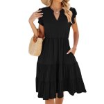 Robe femme t mi - longue col v manches courtes volante pliss avec poches robe elegant couleur unie ...