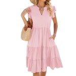 Robe femme Été mi - longue col v manches courtes volantée plissé avec poches robe elegant couleur unie ... Robe femme Été mi - longue col v manches courtes volantée plissé avec poches robe elegant couleur unie ...