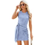 Robe femme t sans manches col ras du cou mi - longue robe plisse slim fit - taille eu - bleu