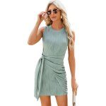 Robe femme �t� sans manches col ras du cou mi - longue pliss�e slim fit - vert clair