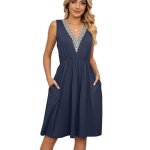 Robe femme ete sans manches col v avec poches casual robe longue genou couleur unie confortable - bleu ...