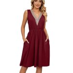 Robe femme ete sans manches col v avec poches casual robe longue genou couleur unie confortable - bordeaux ... Robe femme ete sans manches col v avec poches casual robe longue genou couleur unie confortable - bordeaux ...