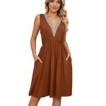 Robe femme ete sans manches col v avec poches casual robe longue genou couleur unie confortable - marron ...