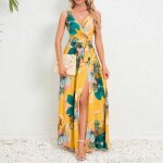 Robe femme ete sans manches profond dcollet en v robe longue imprim fleur avec ceinture confortable ...