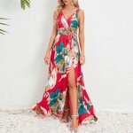 Robe femme ete sans manches profond dcollet en v robe longue imprim fleur avec ceinture confortable ...