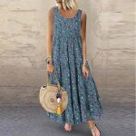 Robe femmes grande taille dcontract lche sans manches floral quotidien imprim en lin longue robe ...