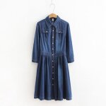 Robe femmes grande taille jeans button désign tournez col manche longue mode printemps Robe femmes grande taille jeans button désign tournez col manche longue mode printemps