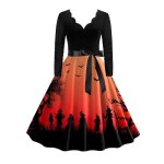 Robe femme - halloween - citrouille vintage imprimé - col v manches longues Robe femme - halloween - citrouille vintage imprimé - col v manches longues