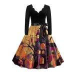Robe femme halloween citrouille vintage imprimé col v manches longues - jaune Robe femme halloween citrouille vintage imprimé col v manches longues - jaune