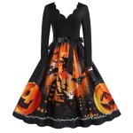 Robe femme halloween citrouille vintage imprim manches longues deguisement toussaint