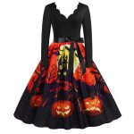 Robe femme halloween citrouille vintage imprimé manches longues déguisement toussaint - orange Robe femme halloween citrouille vintage imprimé manches longues déguisement toussaint - orange