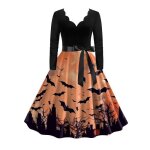 Robe femme halloween toussaint citrouille vintage imprimé col v manches longues - orange Robe femme halloween toussaint citrouille vintage imprimé col v manches longues - orange
