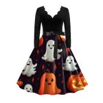 Robe femme halloween toussaint citrouille vintage imprim col v manches longues - orange - blanc