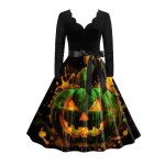Robe femme halloween toussaint citrouille vintage imprimé col v manches longues - vert Robe femme halloween toussaint citrouille vintage imprimé col v manches longues - vert