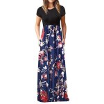 Robe femme imprim longue manches courtes col rond casual robe plisse avec poches - bleu fonc