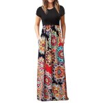 Robe femme imprim longue manches courtes col rond casual robe plisse avec poches - multicolore