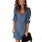 Robe femme - jean taille plus ample - manches courtes - col en v - couleur unie - style1 bleu nx?
