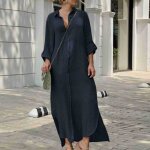 Robe femme robe longue chemise ample en lin boutonn de couleur unie  demi - manches bleu fonc