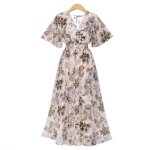 Robe femme longue t lgre imprime bohme pas cher - marque - modle - col v - manches courtes - bleu ...