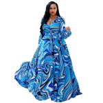 Robe femme - longue imprime  manches longues en mousseline de soie bohme - style1 bleu yh?