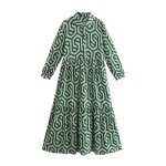 Robe pour femme mi - longue vintage � plis avec imprim� g�om�trique chic � volants vert