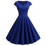 Robe femme - mini - robe dcontracte  manches courtes  col en v - couleur unie bleu