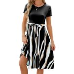 Robe femme � rayures mi - longue manches courtes casaul robe col rond contrast� avec ceinture - taille ...