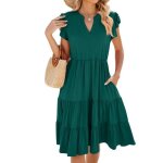 Robe femme - wx181 - uni col v plissé - grande taille - vert Robe femme - wx181 - uni col v plissé - grande taille - vert