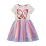 Robe fille de 2 ans  7 ans col rond manches courtes casual paillettes papillon imprim - gris