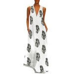 Robe h9c2u 2019 ummer automne lin dre caual leevele col en v plume impression maxi r�servoir long dre ...