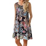 Robe imprim� femme ete sans manches casual robe mi - longue col rond avec poches - bleu