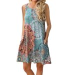 Robe imprim femme ete sans manches casual robe mi - longue col rond avec poches - bleu
