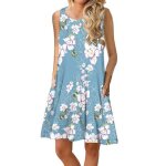 Robe imprim� femme ete sans manches casual robe mi - longue col rond avec poches - bleu clair