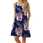 Robe imprim� femme ete sans manches casual robe mi - longue col rond avec poches - bleu marine