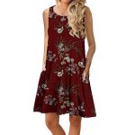 Robe imprim� femme ete sans manches casual robe mi - longue col rond avec poches - bordeaux