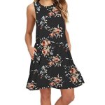 Robe imprim� femme ete sans manches casual robe mi - longue col rond avec poches - noir
