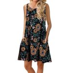 Robe imprim� femme ete sans manches casual robe mi - longue col rond avec poches - noir
