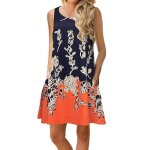 Robe imprim femme ete sans manches casual robe mi - longue col rond avec poches - orange