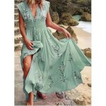 Robe imprime bohme de plage franaise  col en v pour femmes vert