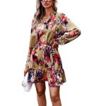 Robe imprim�e femme - kaki - col v manches longues ceinture � volants