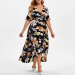 Robe irrgulire florale  volants  manches courtes  imprim bohme dcontract pour femmes de grande ...